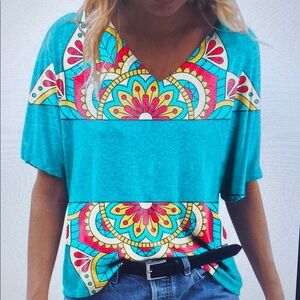 Vibrant Teal Patterned Women's Top
